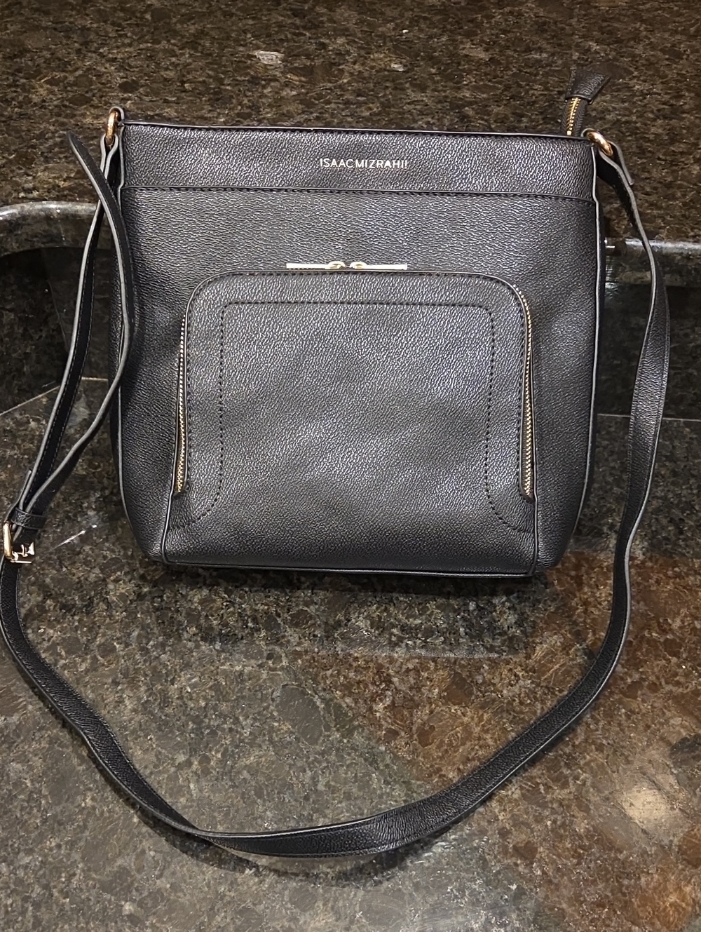 Isaac Mizrahi Black Faux Pebbled Leather Crossbody with Front Zip Pocket